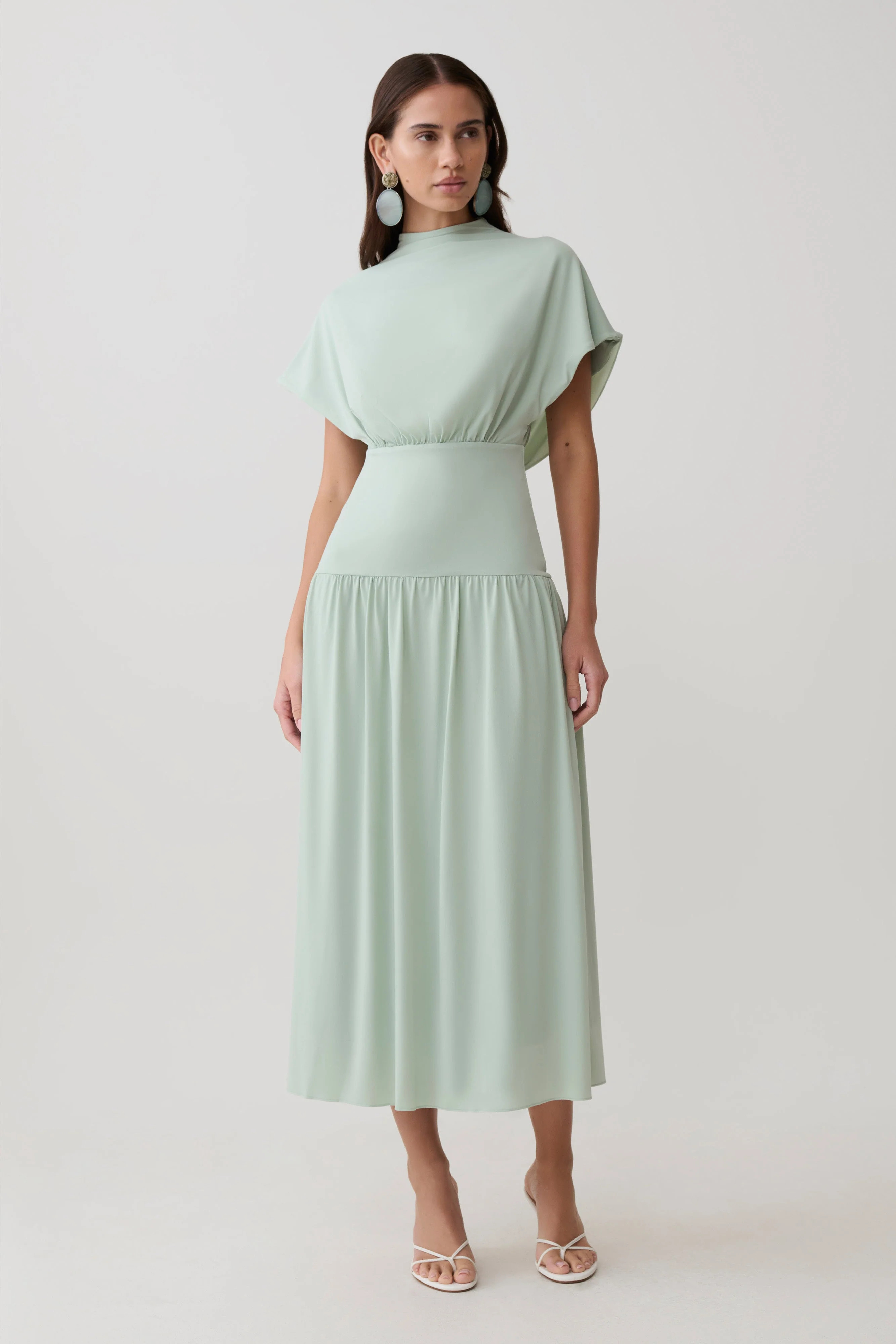 Ailla High Neck Cowl Midi Dress - Aqua Grey | MESHKI US