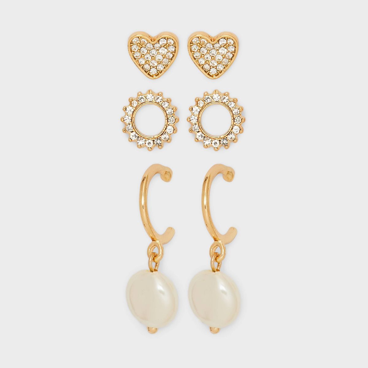 Stud Pearl Heart Clear Stones Gold Earrings 3pc - A New Day™ Gold | Target