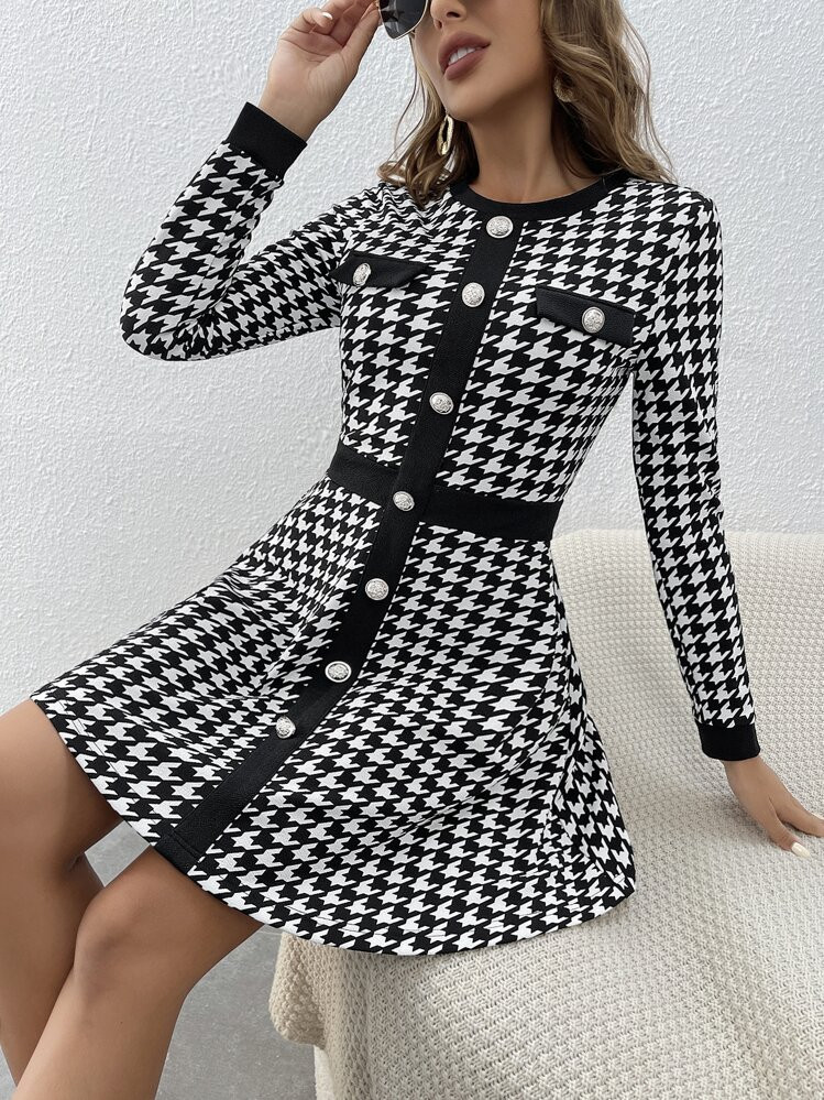 SHEIN Privé Houndstooth Print Button Front Dress | SHEIN