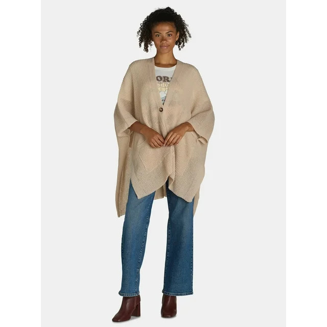 Time and Tru Women's Knit Fashion Ruana with Single Button, One Size, Tan - Walmart.com | Walmart (US)