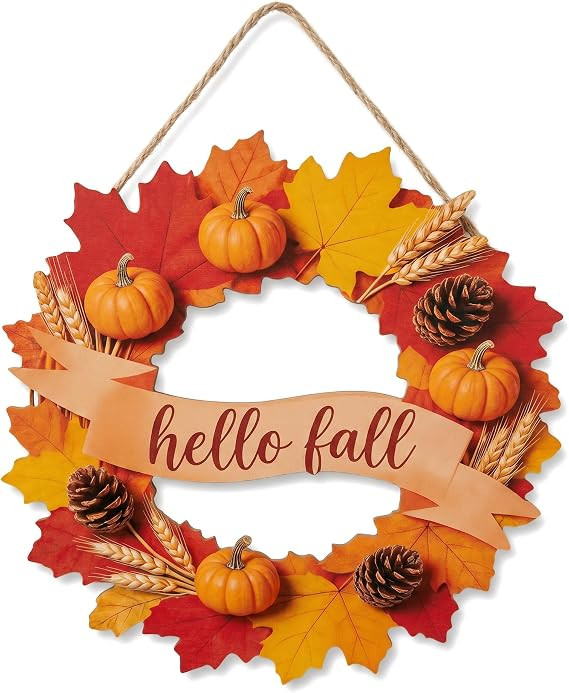 Hello Fall Sign 12" Wooden Fall Door Hanger with Maple Leaves Pumpkins Pinecones & Wheat Rustic F... | Amazon (US)
