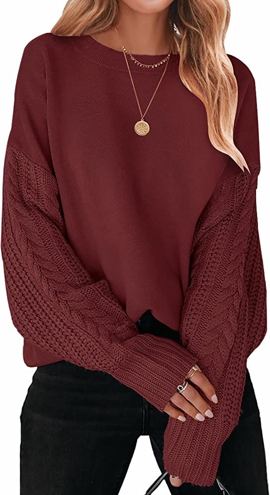 ZESICA Women's 2023 Fall Long Sleeve Crew Neck Solid Color Cable Knit Chunky Casual Oversized Pul... | Amazon (US)