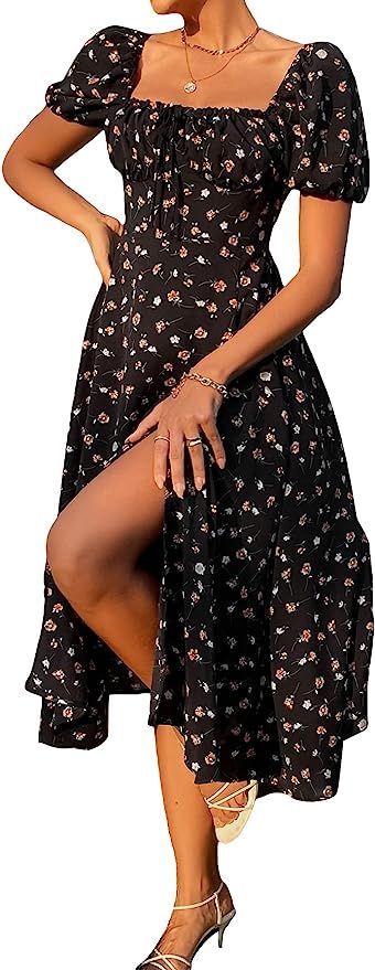 SheIn Women's Square Neck Dress Allover Floral Knot Split Thigh A-line Dress | Amazon (US)
