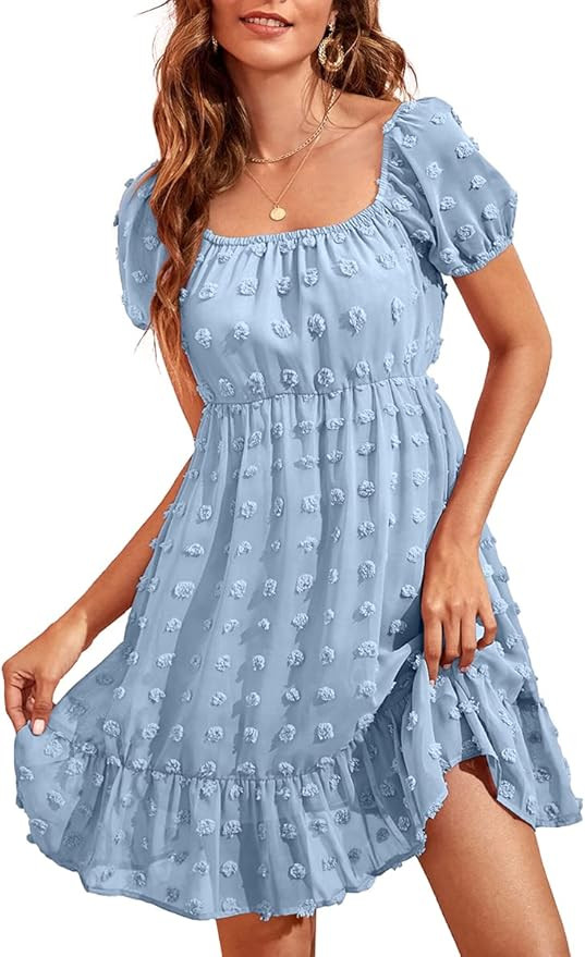 Dyexces Summer Dress for Women Sexy Square Neck Sundress Puff Sleeve Chiffon Ruffle Mini Dress | Amazon (US)
