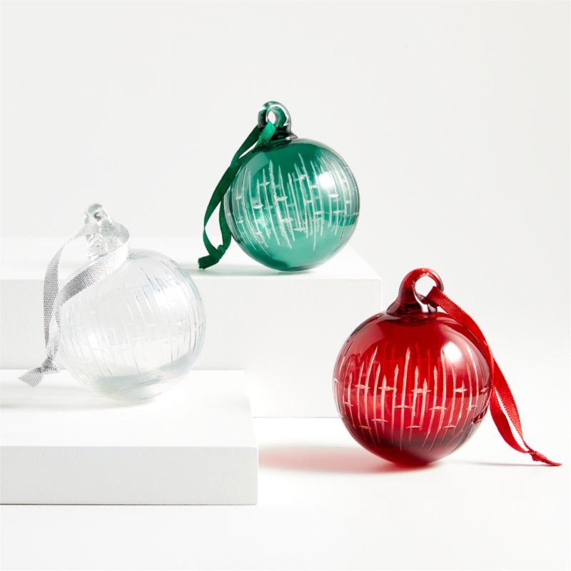 Handmade Green, Red and Clear Etched Glass Ball Christmas Tree Ornaments, Set of 6 | Crate & Barr... | Crate & Barrel