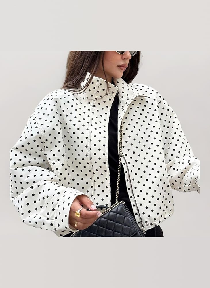 Women's Black and White Polka Dot Retro Elegant Classic Lapel Short Jacket Fashion Loose Casual Z... | Amazon (UK)