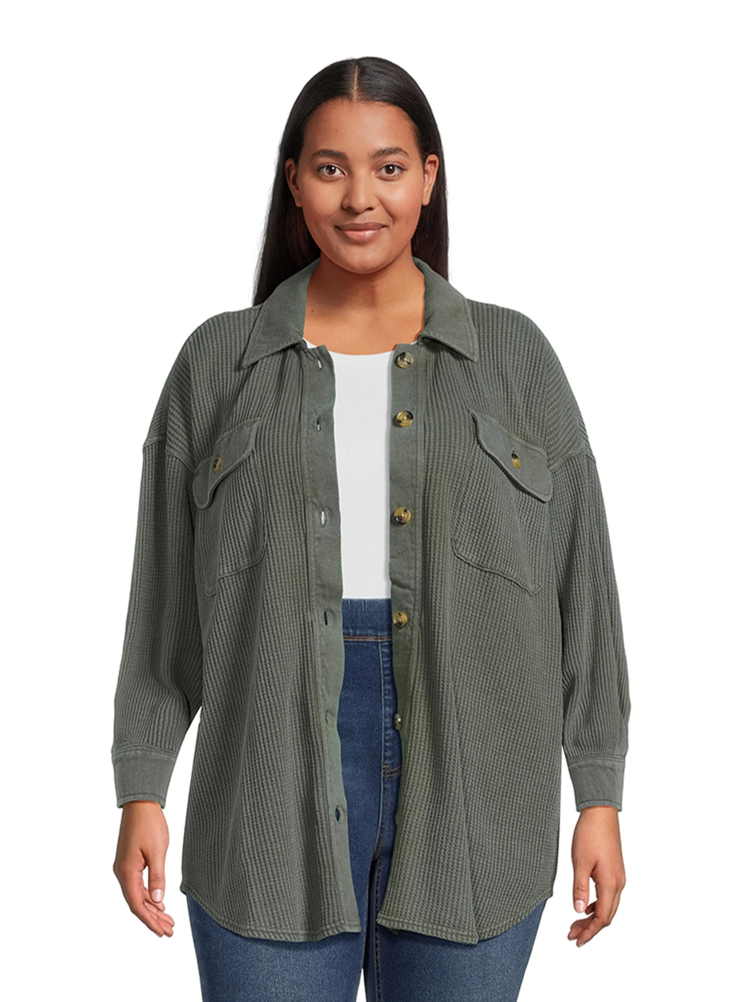 Terra & Sky Women's Plus Size Button Down Waffle Knit Shacket | Walmart (US)