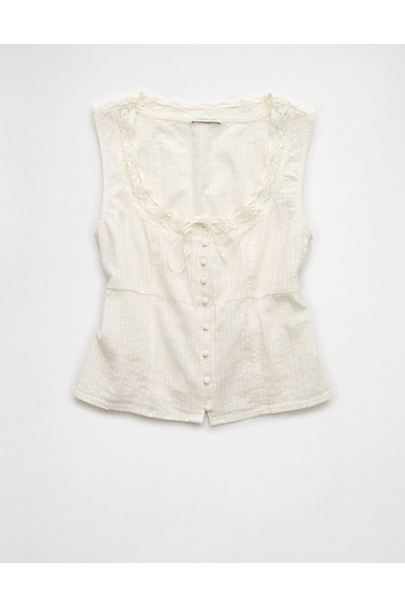 AE Lace-Trim Button-Up Cami Women's Chalk M | American Eagle Outfitters (US & CA)