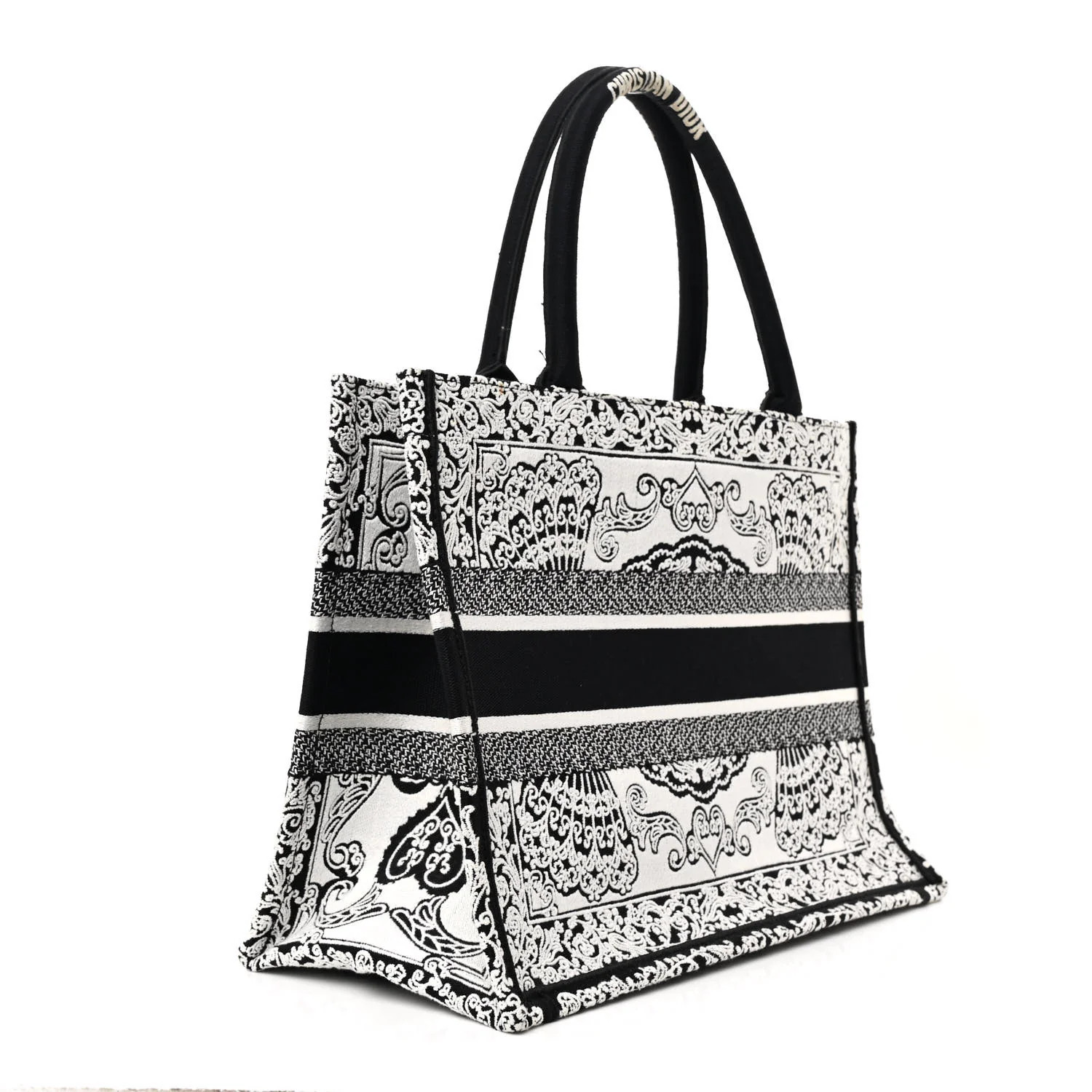 Canvas Embroidered Medium Ornamental Cornely Effect Book Tote Black White | FASHIONPHILE (US)