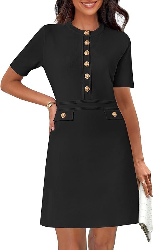 MEROKEETY Women's Ribbed Knit Bodycon Dress Button Short Sleeve Crew Neck Elegant Formal Mini Dre... | Amazon (US)