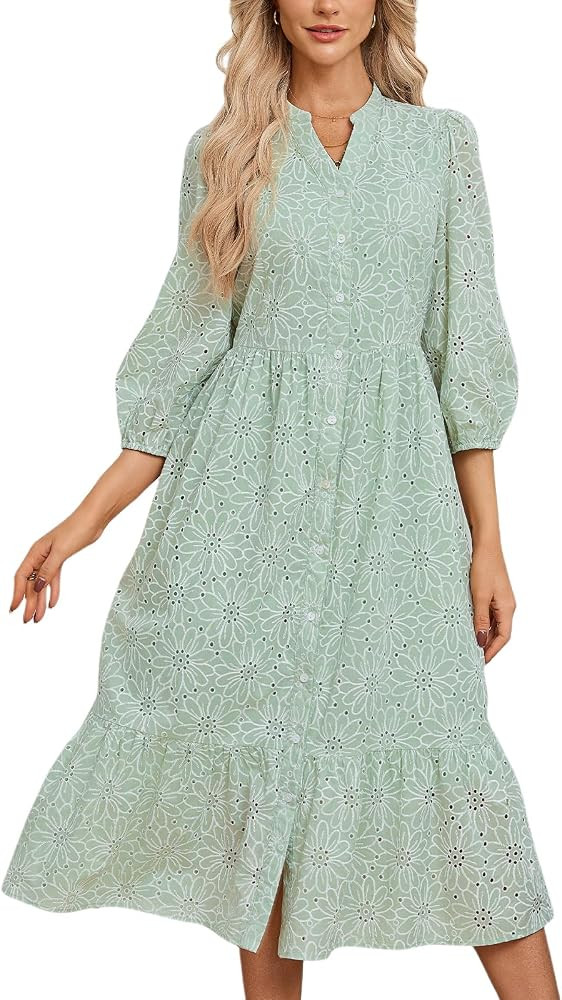 D-Sun Boho Midi Dress 3/4 Sleeve 2026 Summer Floral Lace Eyelet V Neck Wedding Guest Dress Button... | Amazon (US)