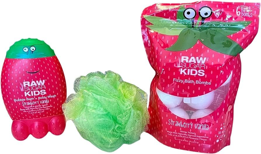 RAW Sugar Kids Strawberry Vanilla Bath Bundle: 1 Bubble Bath/Body Wash (12 oz. ea.) + 6 Bath Bomb... | Amazon (US)