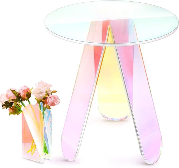 2 Pcs Iridescent Round Side Table and Vase Clear Rainbow Acrylic Coffee Table Rainbow End Table M... | Amazon (US)