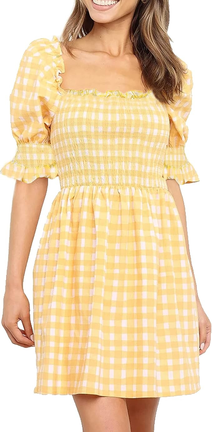 R.Vivimos Women's Summer Cotton Puff Sleeves Empire Waist Casual Polka Dots Mini Dress with Pocke... | Amazon (US)