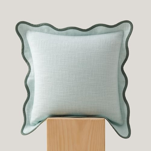 Double Stitch Scalloped Throw Pillow Covers - 100% Cotton Decorative Boho Pillow Covers 20 x 20inch, Made in India, Square Cushion Case, Modern Home Decor for Couch Sofa Living Room, Aqua Mint | Amazon (US)