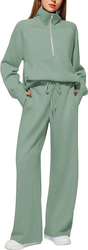 Casly Lamiit Women's 2 Piece Outfits Lounge Set 2023 Oversized Half Zip Sweatshirt Wide Leg Sweat... | Amazon (US)