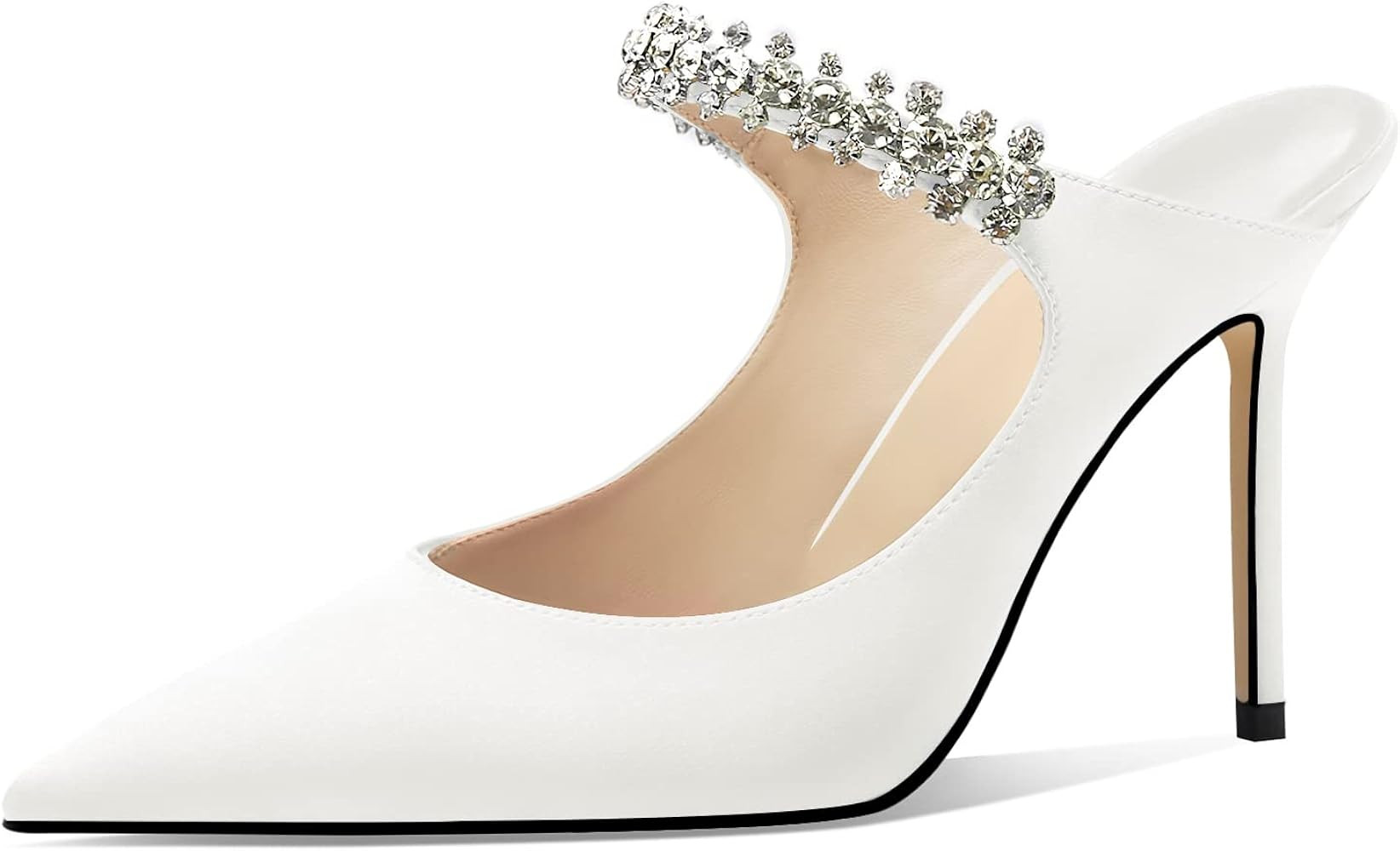 MIRAAZZURRA Women Heeled Mules Rhinestone Strappy Pointed Toe Mules Satin Stiletto High Heels Slip O | Amazon (US)