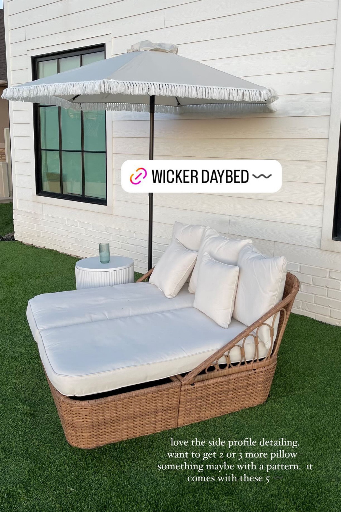 New wicker daybed for our back patio 🤩 

Patio decor, patio design, back patio furniture, patio bed, patio daybed, Walmart, Walmart home, neutral patio furniture, fringe umbrella, patio umbrella, drink table, drink cooler, Christine Andrew 

#LTKSeasonal #LTKHome #LTKFindsUnder100