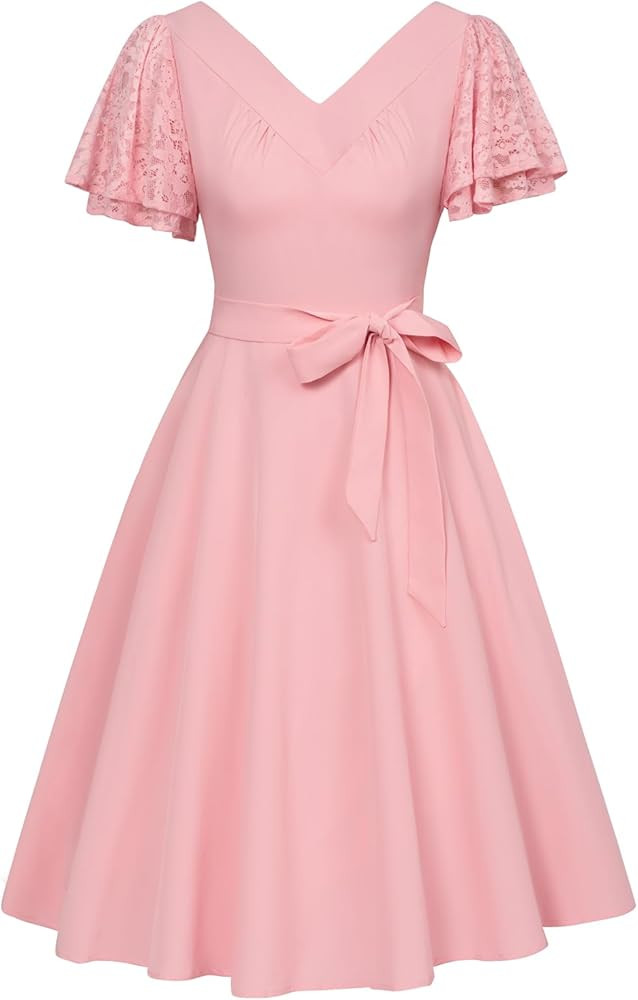 Belle Poque Women 1950s Party Dress Vintage Lace Short Sleeves Smocked Midi Dress with Belt & Poc... | Amazon (UK)