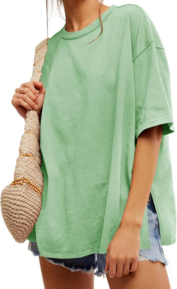 Tankaneo Womens Oversized Tshirts Summer Casual Short Sleeve Crew Neck T Shirt Loose Fit Side Sli... | Amazon (US)