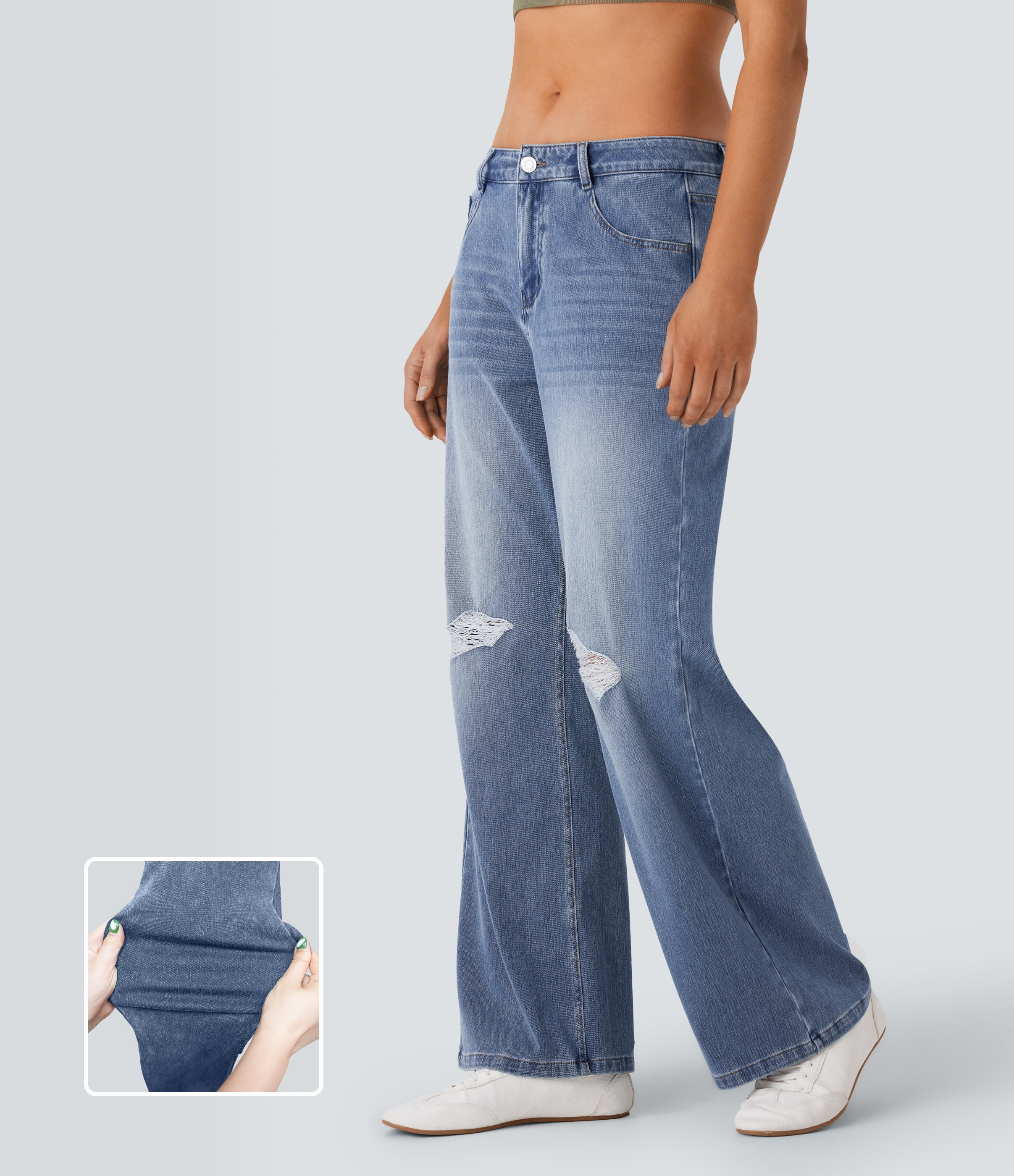 Halara Halara Flex™ Mid Rise Ripped Washed Casual Baggy Jeans With Pockets - Blue Gray Denim - XS(regular) | HALARA
