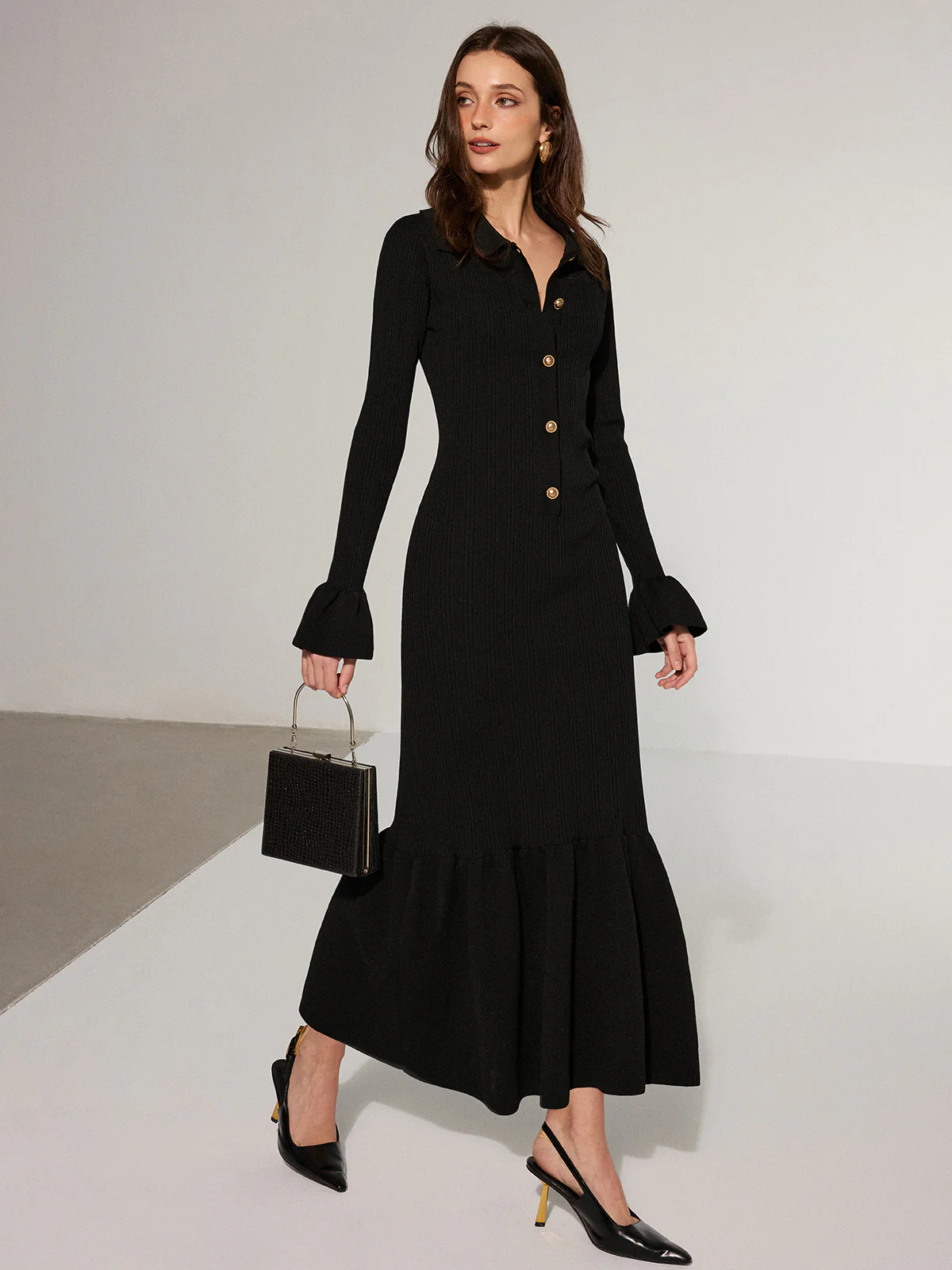 Mermaid Hem Collared Knit Maxi Dress | Commense