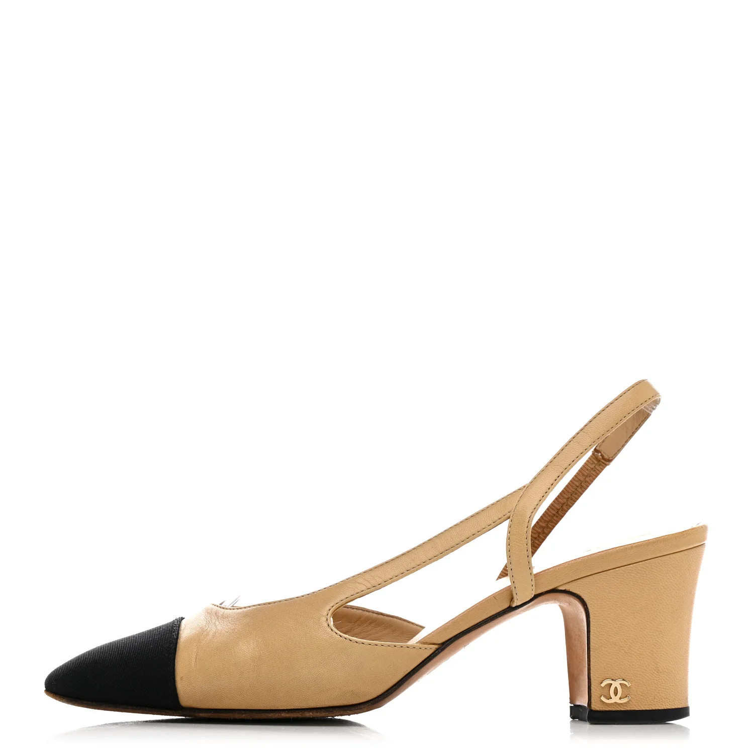 Goatskin Grosgrain Cap Toe CC Slingback Pumps 36 Beige Black | FASHIONPHILE (US)