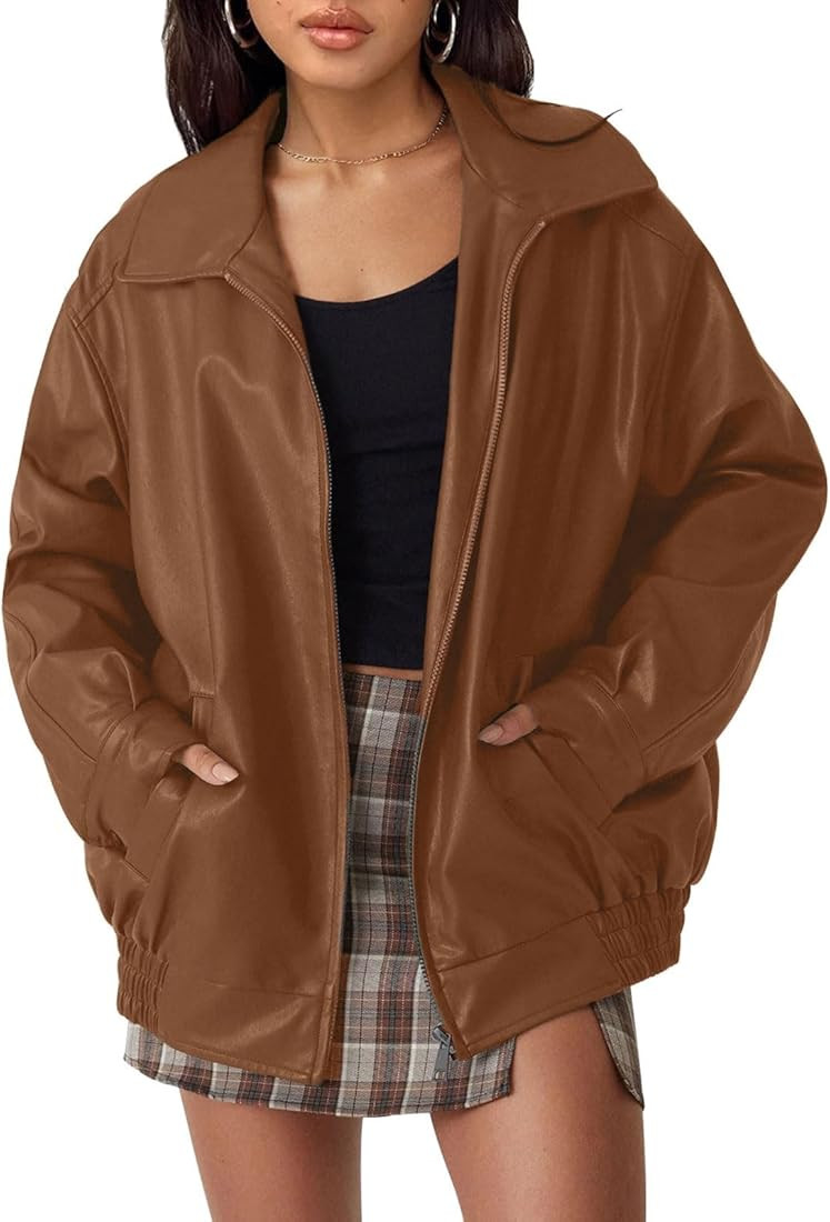 hathne Women's Oversized Leather Jackets Faux Zip Up Fall Fashion Motorcycle Jackets Coats Winter... | Amazon (US)