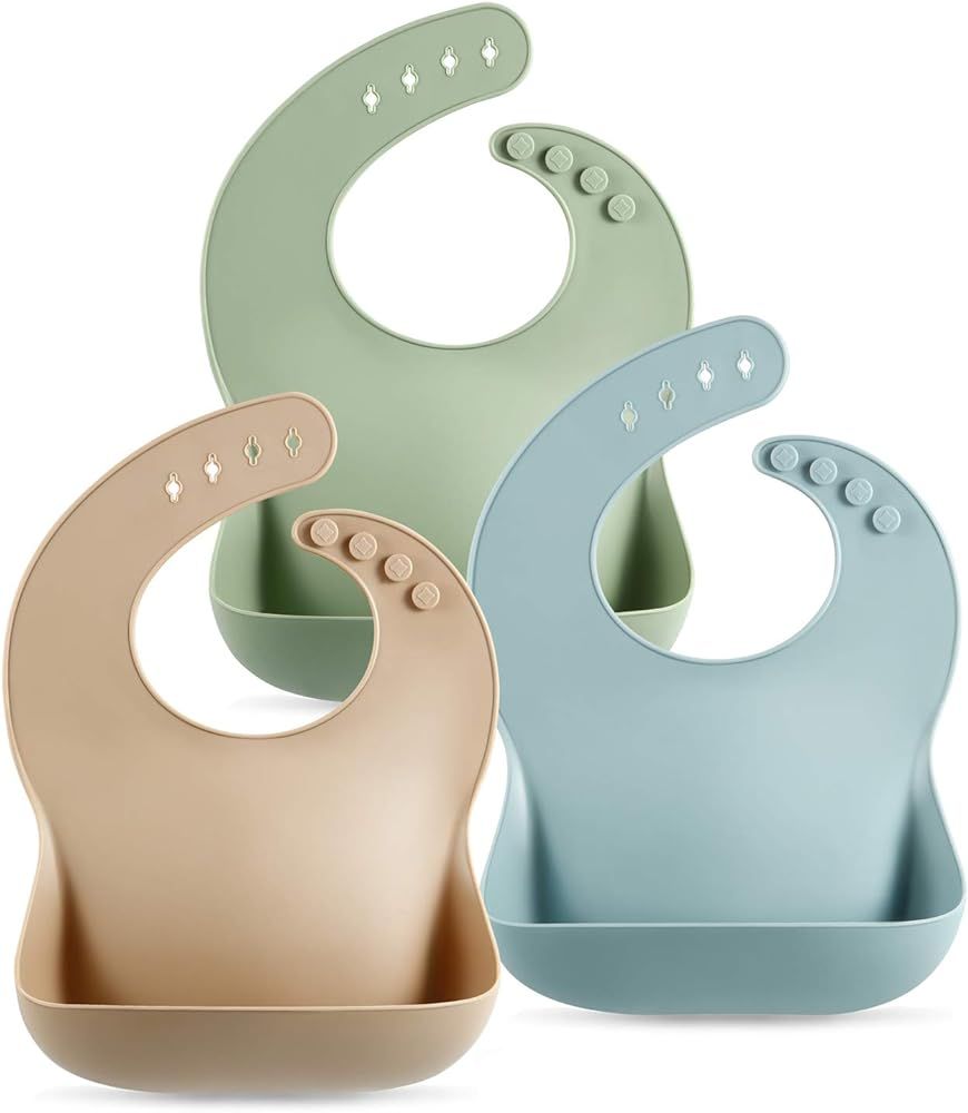 PandaEar Set of 3 Silicone Baby Bibs Waterproof, Soft, Unisex, 10-72 Months (Brown/Blue/Green) | Amazon (US)
