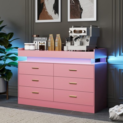 Coffee Bar Cabinet with Led Lights & Charging Station, Buffet Cabinet with Floating Countertop, Modern Sideboard Buffet Table 6 Drawers | Target