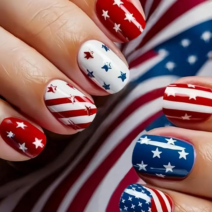 4th of July Press on Nails Short Square Fake Nails with American Flag Star Designs Blue Red False... | Amazon (US)