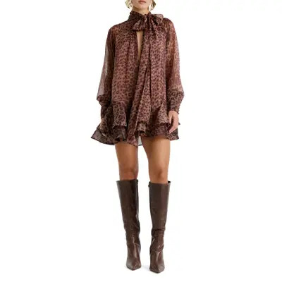 Bardot Adrie Long Sleeve Babydoll Minidress in Leopard at Nordstrom, Size 2 | Nordstrom
