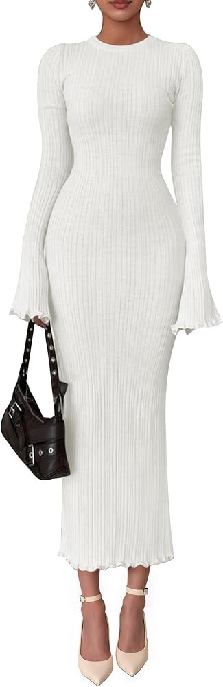 PRETTYGARDEN Sweater Dresses for Women 2026 Fall Bell Long Sleeve Crew Neck Bodycon Maxi Dress Wi... | Amazon (US)