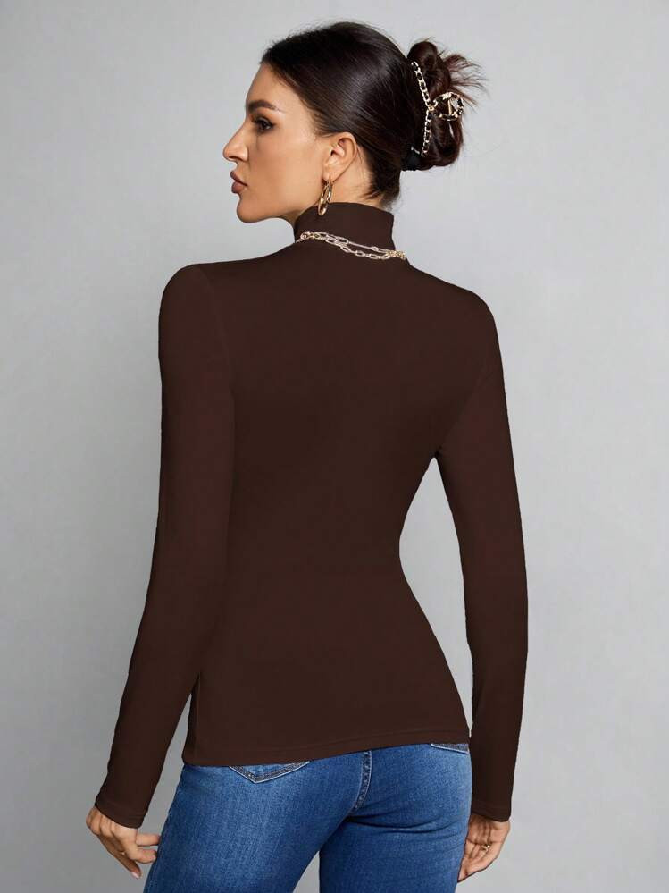 SHEIN Tall Simple Solid Color Slim High Collar Brown Top Suitable For Autumn And Winter | SHEIN