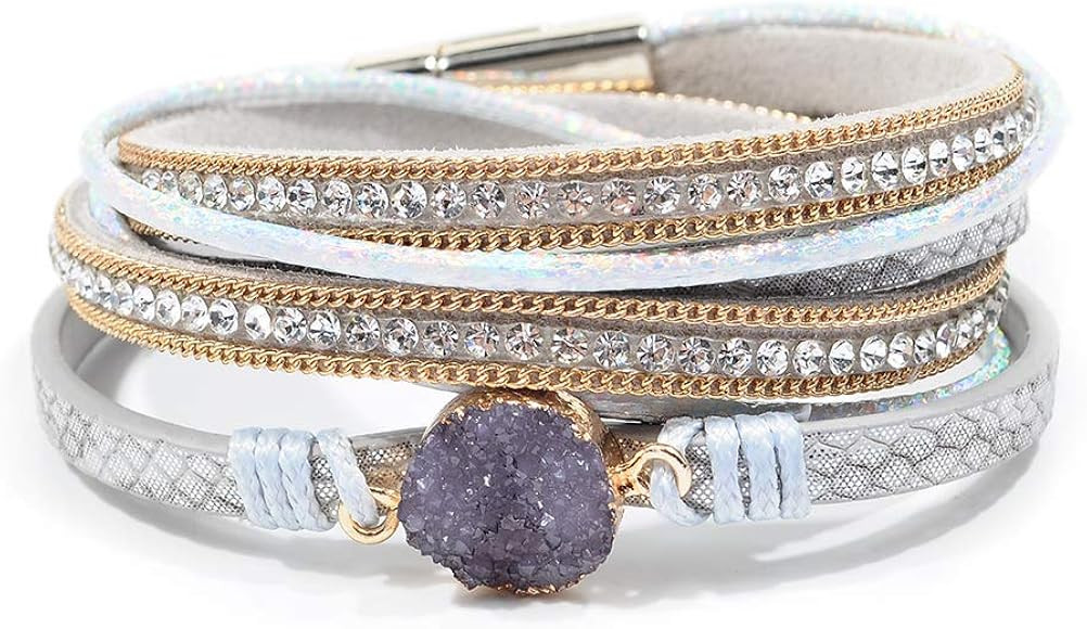 Artilady Leather Wrap Bracelet for Women - Handmade Clasp Bangle Bracelet with Pearl Druzy Crysta... | Amazon (US)