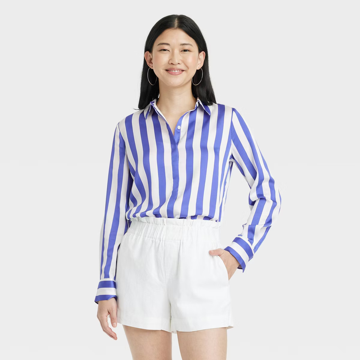 Women's Slim Fit Long Sleeve Satin Button-Down Shirt - A New Day™ Blue/White Striped L | Target