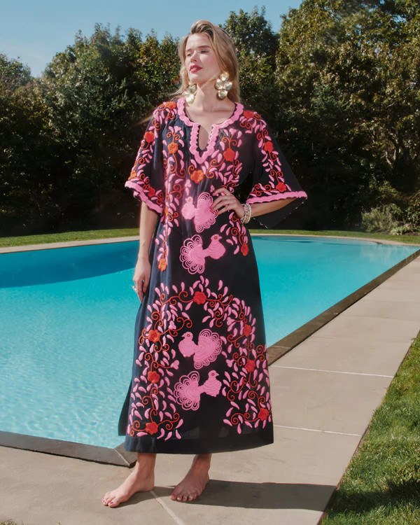 Embroidered Peacock Charming Caftan - Light Blue/Black | Frances Valentine