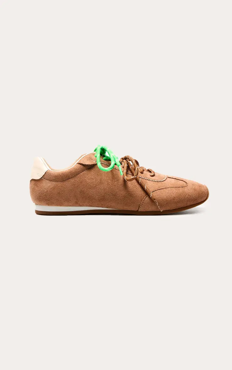 Camel Faux Suede Contrast Lace Trainers | PrettyLittleThing UK