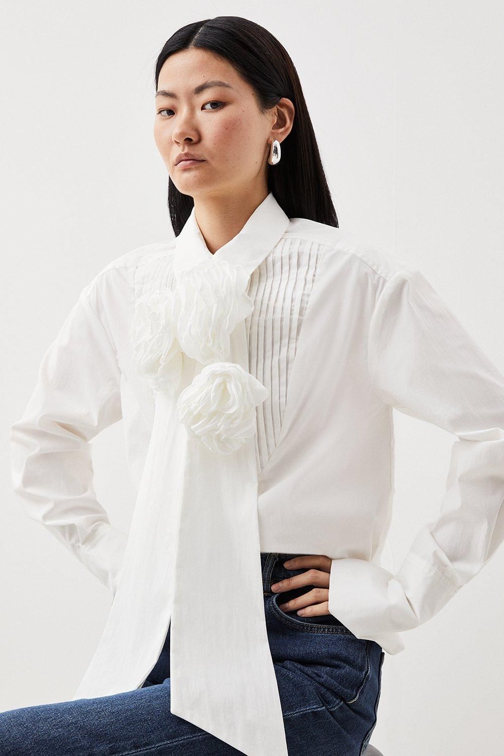 Striped Cotton Woven Shirt With Rosette | Karen Millen UK + IE + DE + NL