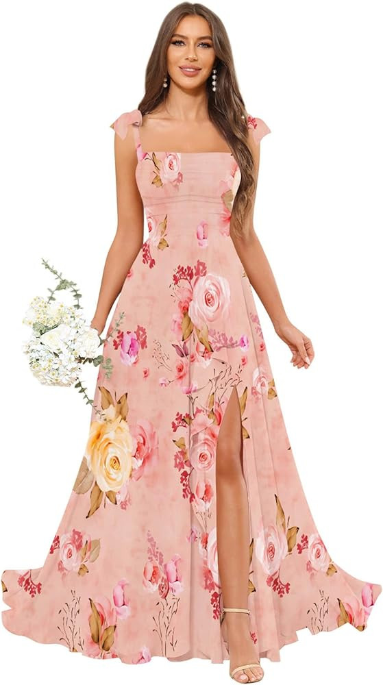 GUKARLEED Women’s Long Bridesmaid Dresses Ruffles Floral Chiffon Scoop Neck A-line Wedding Gues... | Amazon (US)