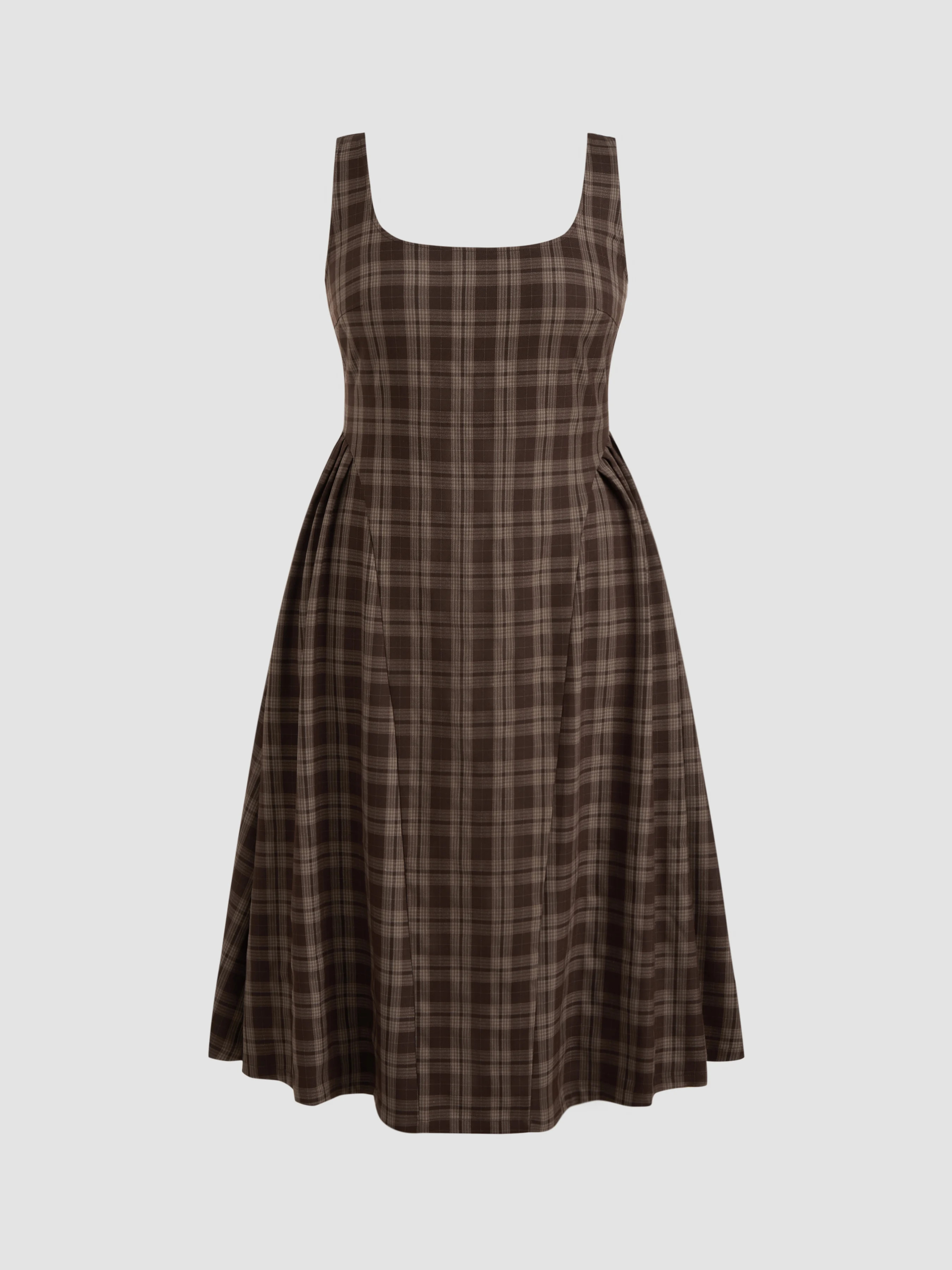 Square Neck Check Pleated Zipper Maxi Dress Curve & Plus | Cider