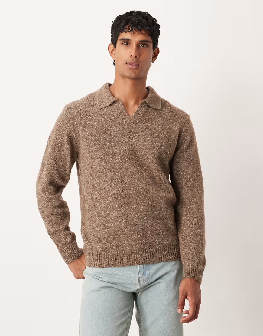 ASOS DESIGN knitted long sleeve notch neck polo in brown | ASOS (Global)