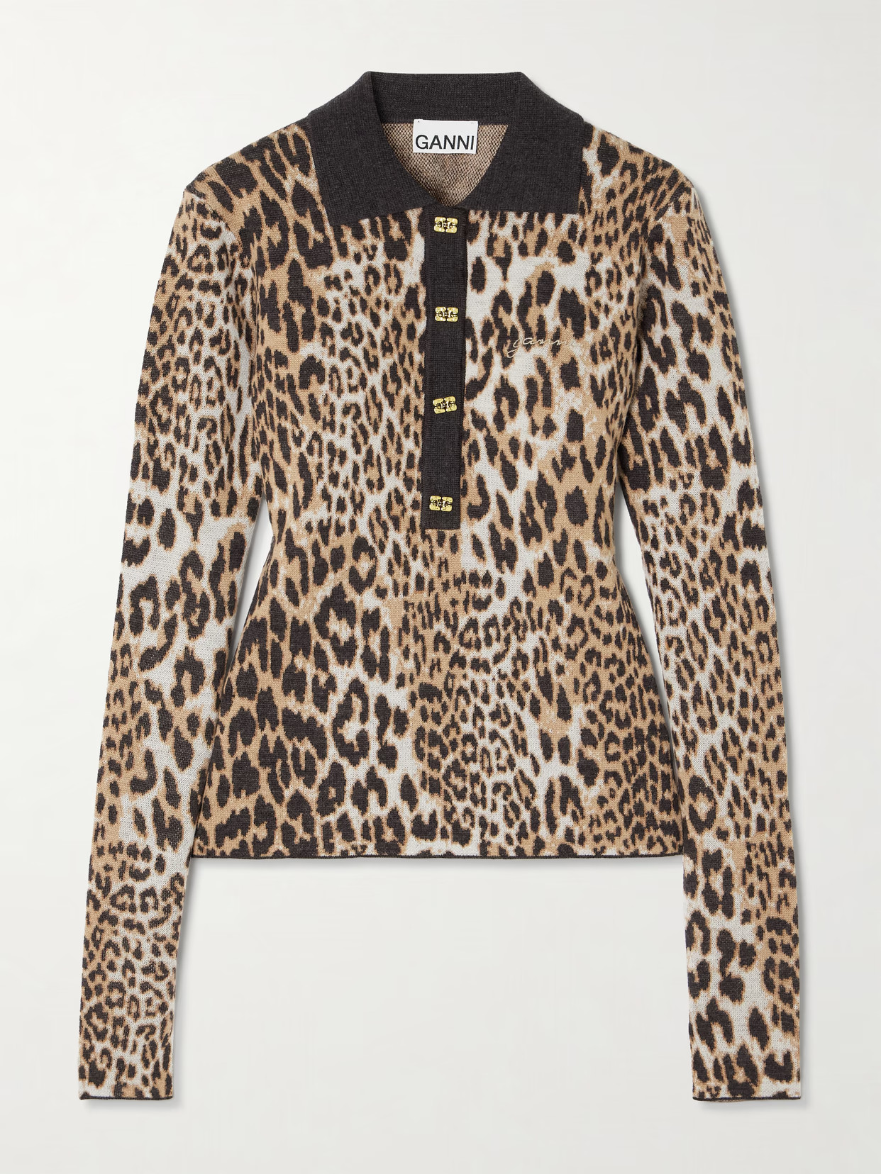 GANNI - Leopard-print Jacquard-knit Merino Wool Polo Sweater - Animal print | NET-A-PORTER (US)