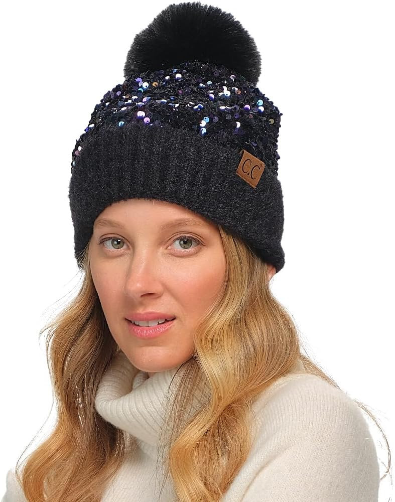 C.C Sequin Pom Beanie for Women - Acrylic Stretchable Soft Warm Knit Winter Skully Hat with Yarn ... | Amazon (US)