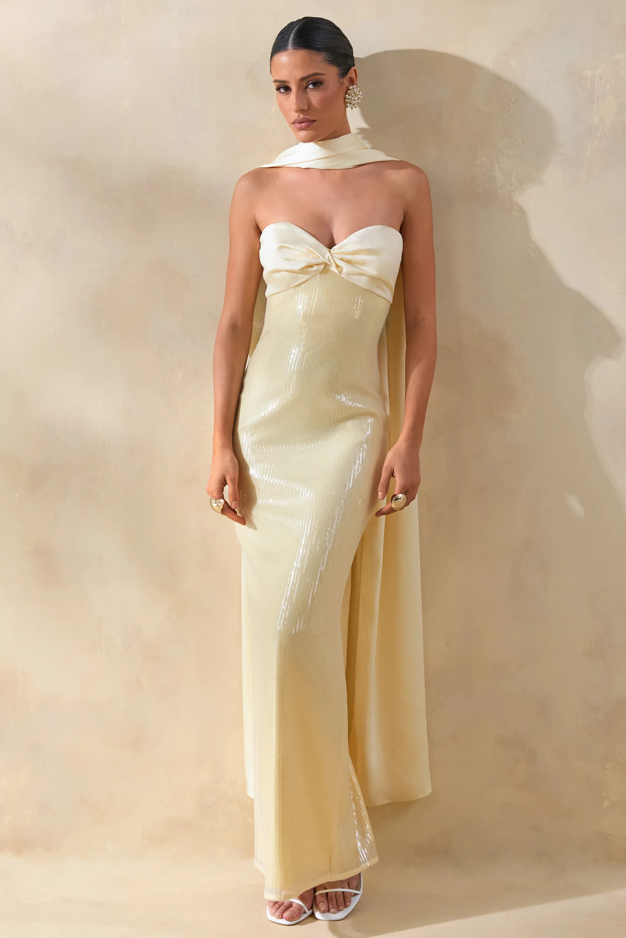 Stephanie | Lemon Sequin Bandeau Maxi Dress With Scarf | Club L London