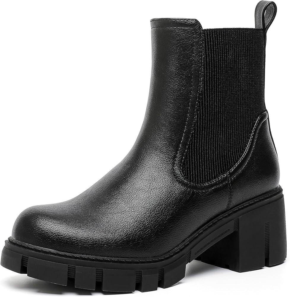 Women's Elastic Chelsea Platform Boots Chunky Heel Lug Sole Ankle Booties Non-Slip Combat Shoes | Amazon (US)