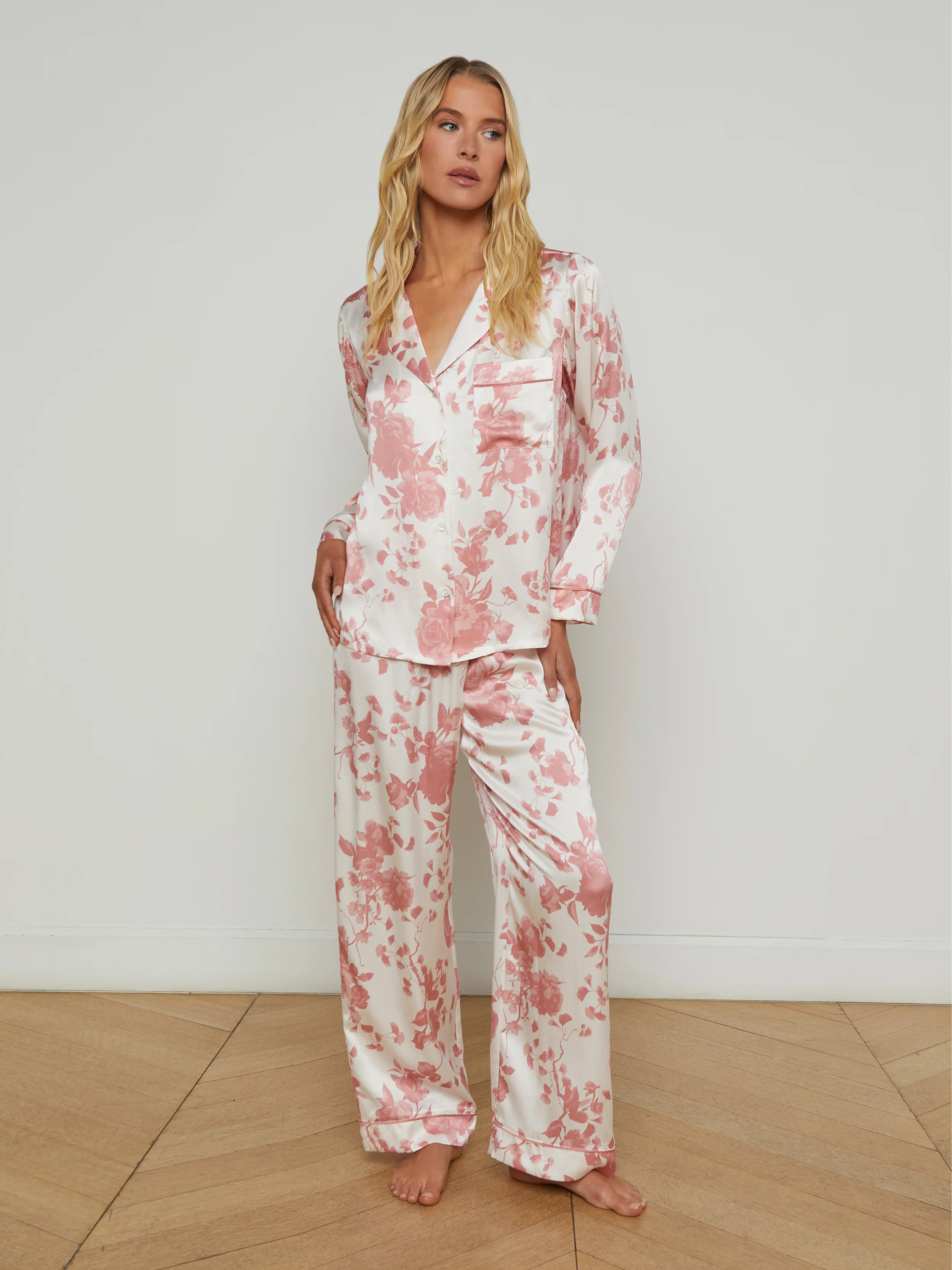 L'AGENCE - Inez Silk Long Pajama Set in Ikebana Pearl/Dusty Rose | L'Agence