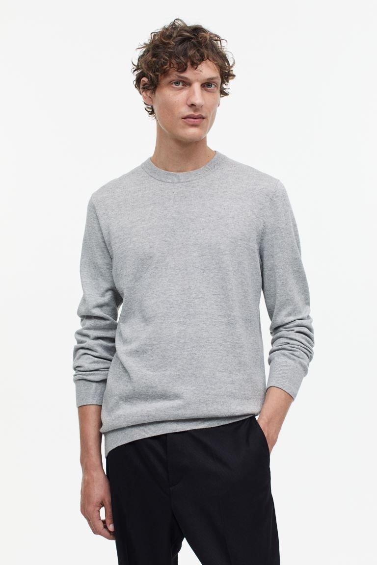 Slim Fit Fine-knit cotton jumper - Light grey marl - Men | H&M GB | H&M (UK, MY, IN, SG, PH, TW, HK)