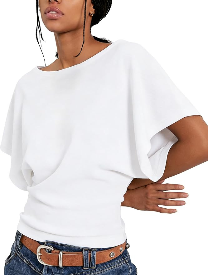 Boat Neck Batwing Tops for Women Cinched Waist Short Sleeve Loose Fit Tshirt Y2K Going Out Causal... | Amazon (US)