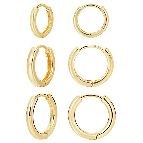 3 pairs 14K Gold Plated Huggie Hoop Earrings, Minimalist Gold, Simple 3 sizes Earrings for Women Men gift | Amazon (US)